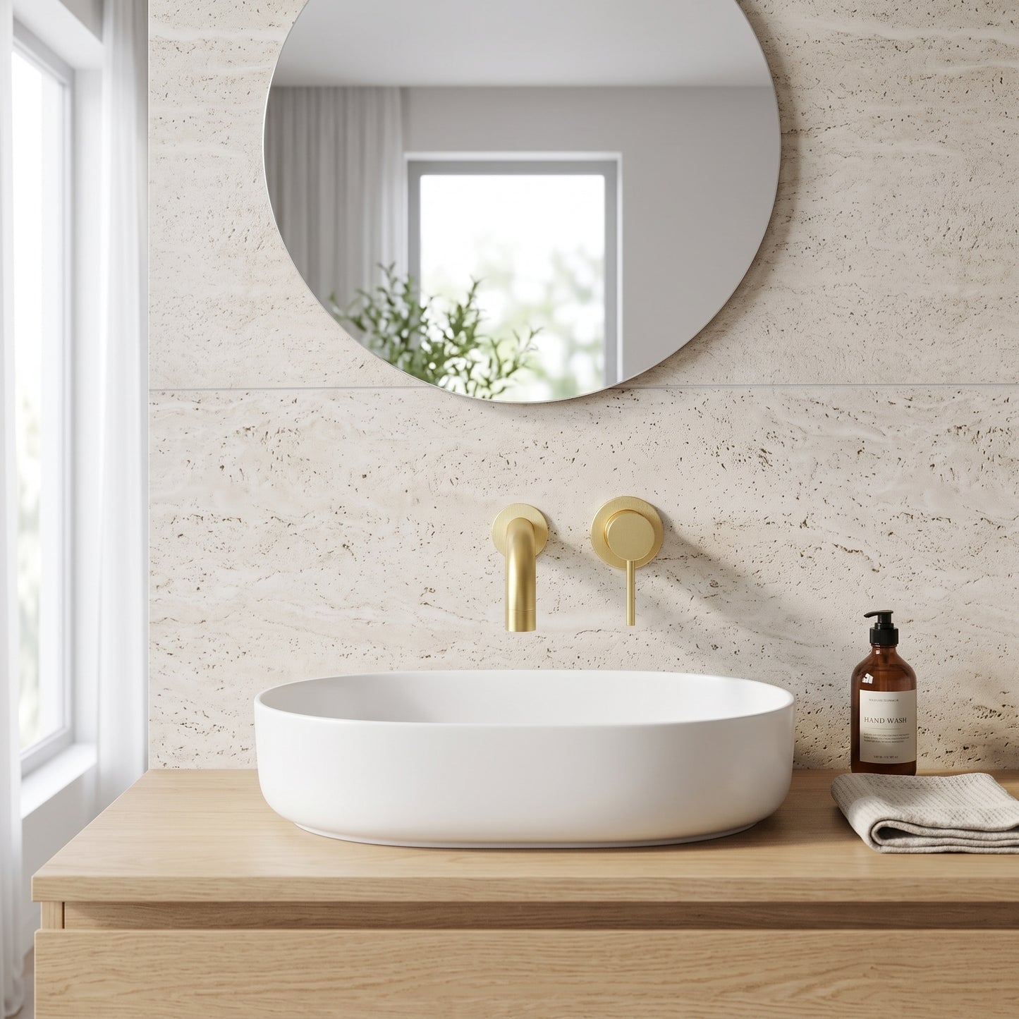 Fairford Element 5 Brushed Brass Wall Mounted Basin Mixer, 2 Hole