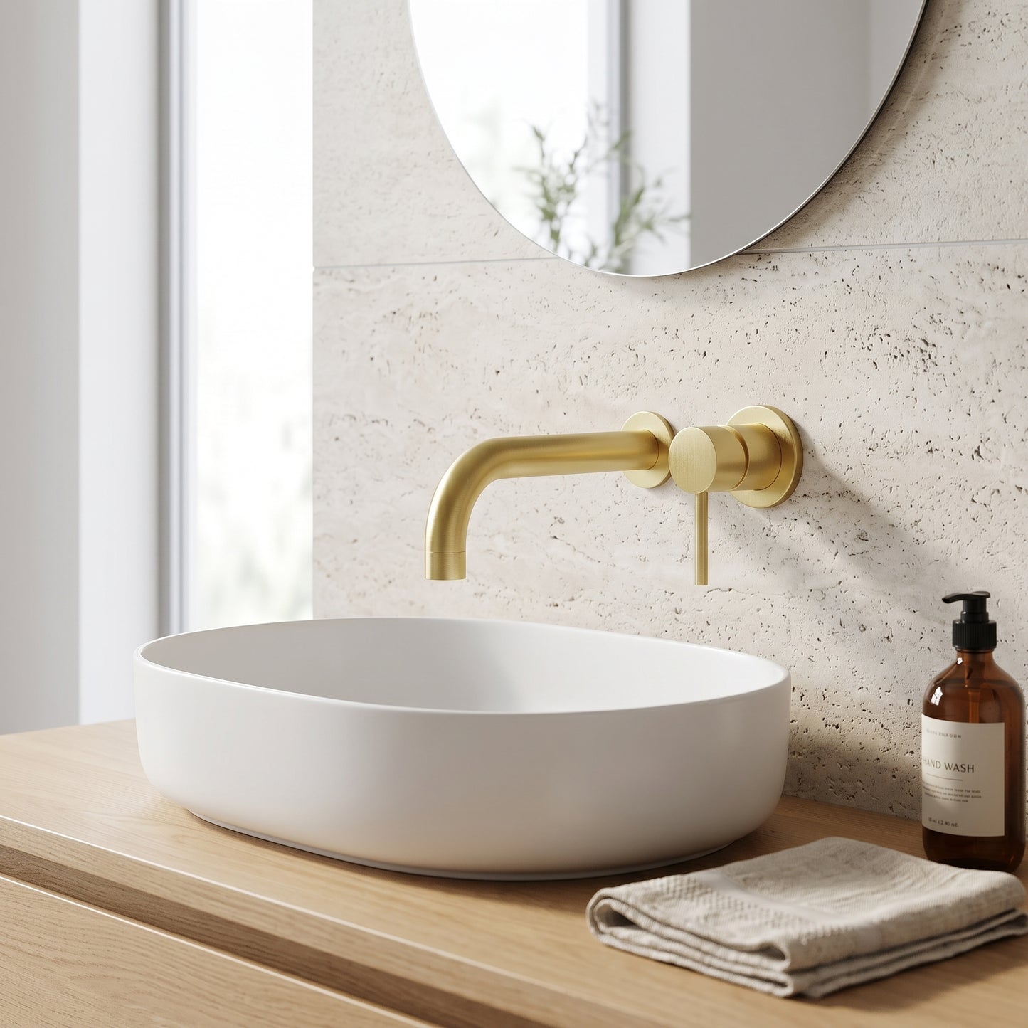 Fairford Element 5 Brushed Brass Wall Mounted Basin Mixer, 2 Hole