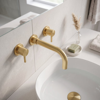Fairford Element 5 Brushed Brass Wall Mounted Basin Mixer, 3 Hole