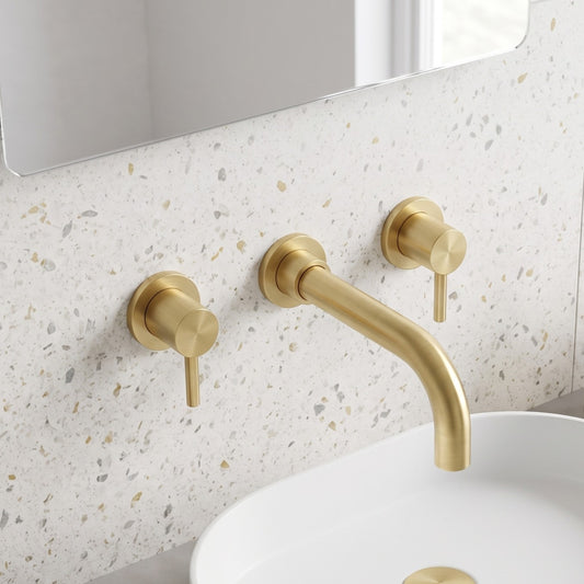 Fairford Element 5 Brushed Brass Wall Mounted Basin Mixer, 3 Hole