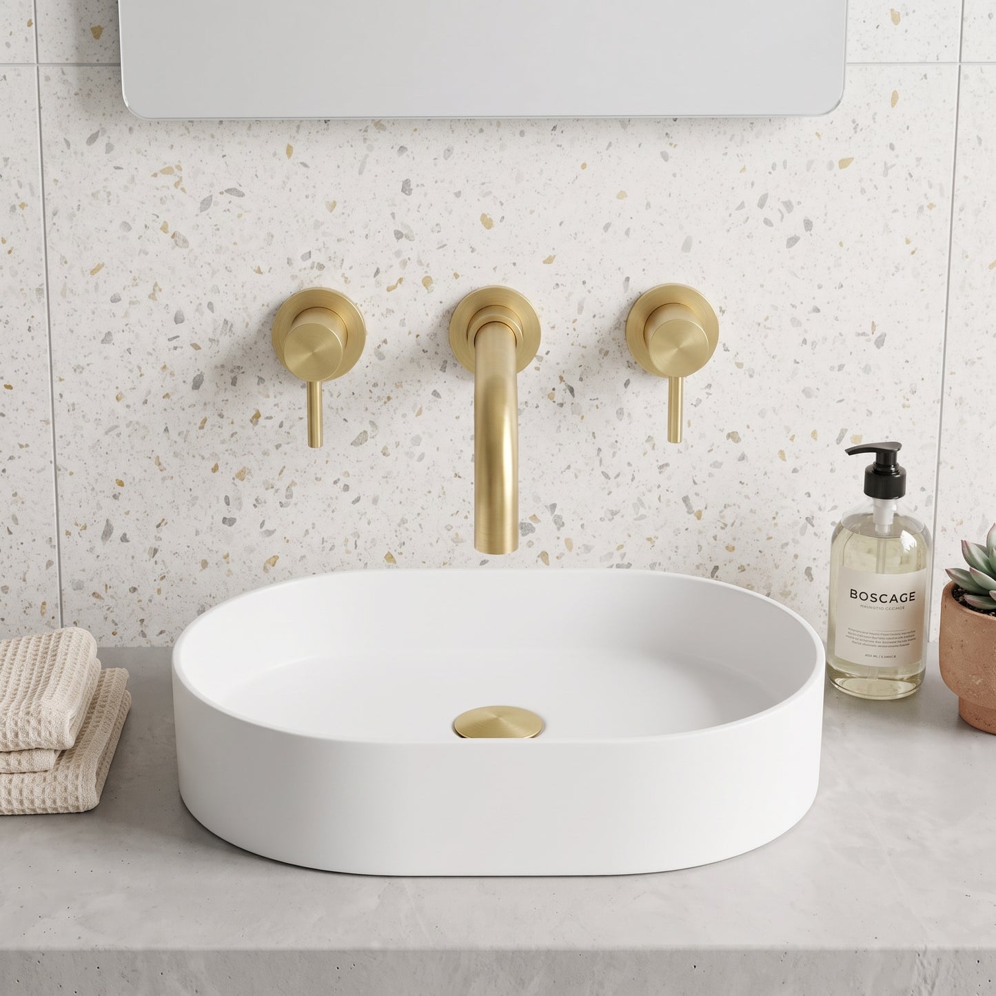 Fairford Element 5 Brushed Brass Wall Mounted Basin Mixer, 3 Hole