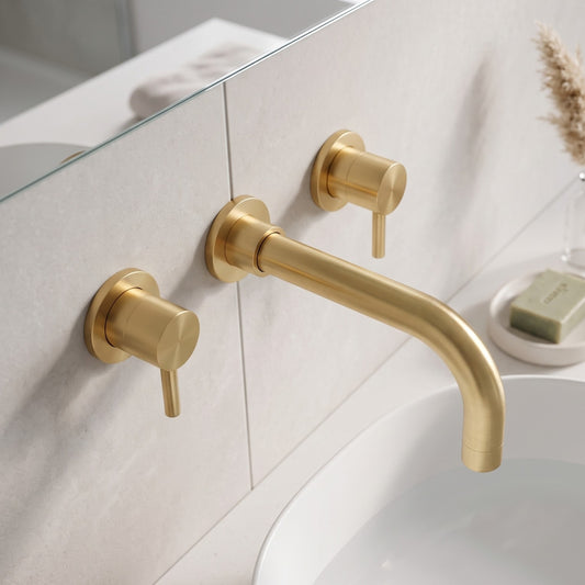 Fairford Element 5 Brushed Brass Wall Mounted Basin Mixer, 3 Hole