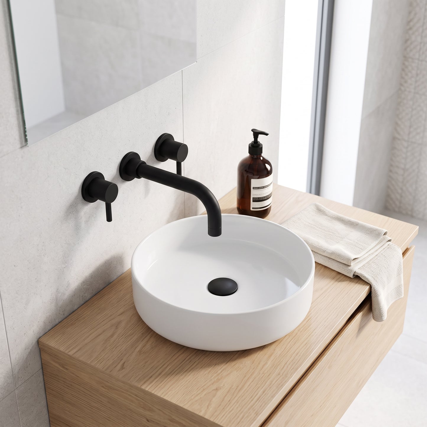 Fairford Element 5 Matt Black Wall Mount Basin Mixer, 3 Hole