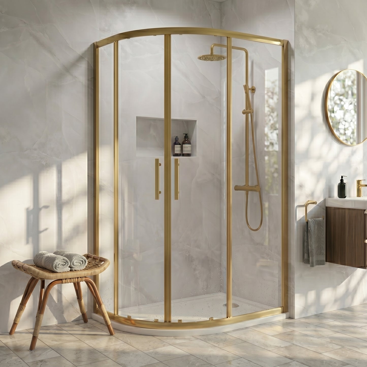 Fairford Pro 8mm 1200 x 800mm Brushed Brass Offset Quadrant Enclosure