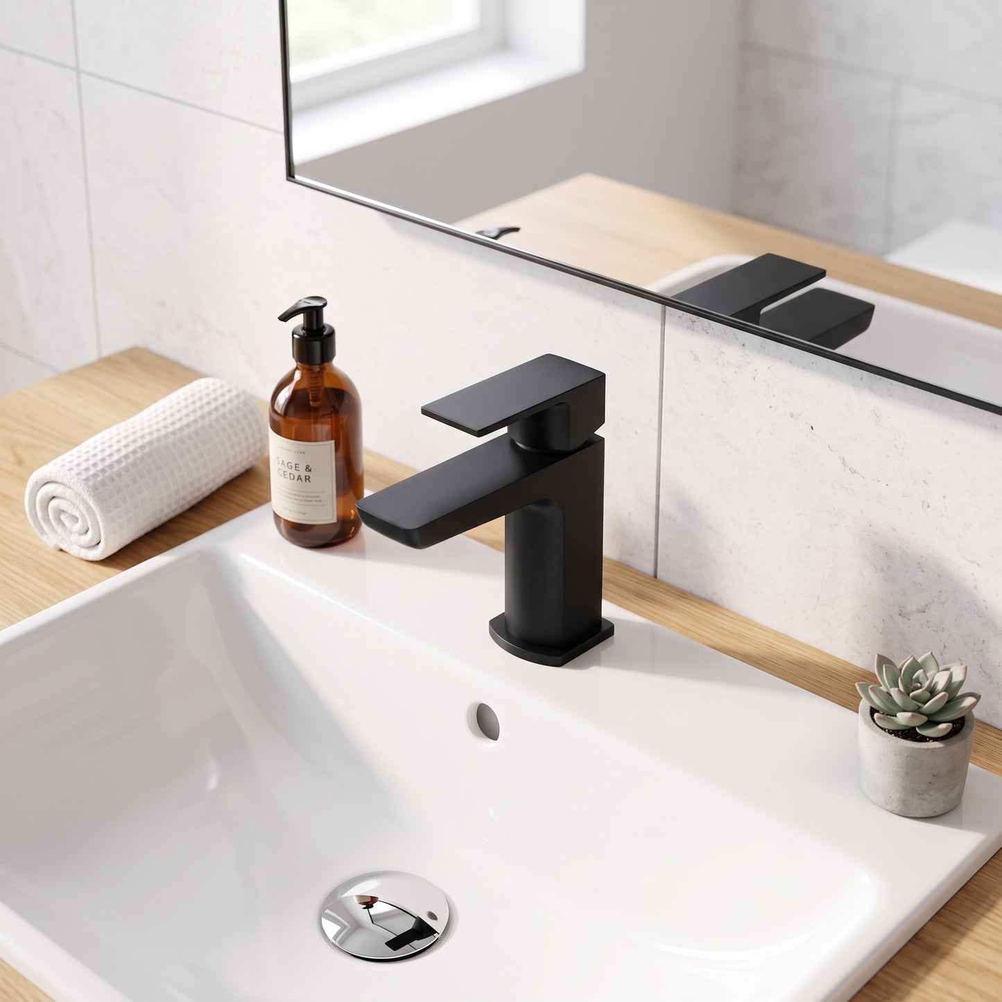 Fairford Una Matt Black Mini Basin Mixer with Push Button Was