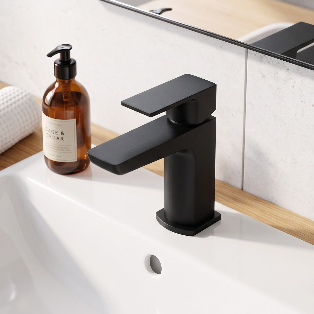 Fairford Una Matt Black Mini Basin Mixer with Push Button Was