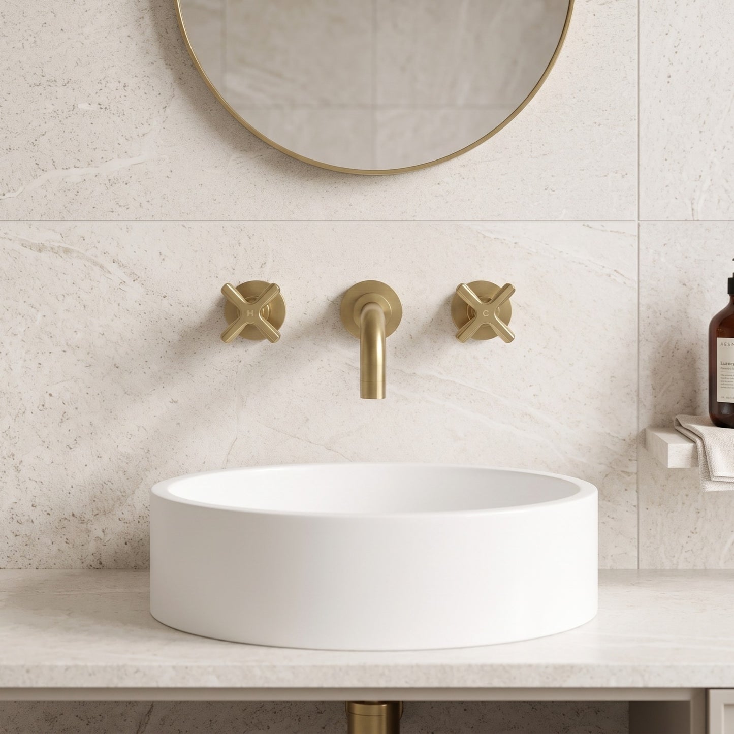 Fairford Verso Brushed Brass 3 Hole Wall Mounted Basin Mixer