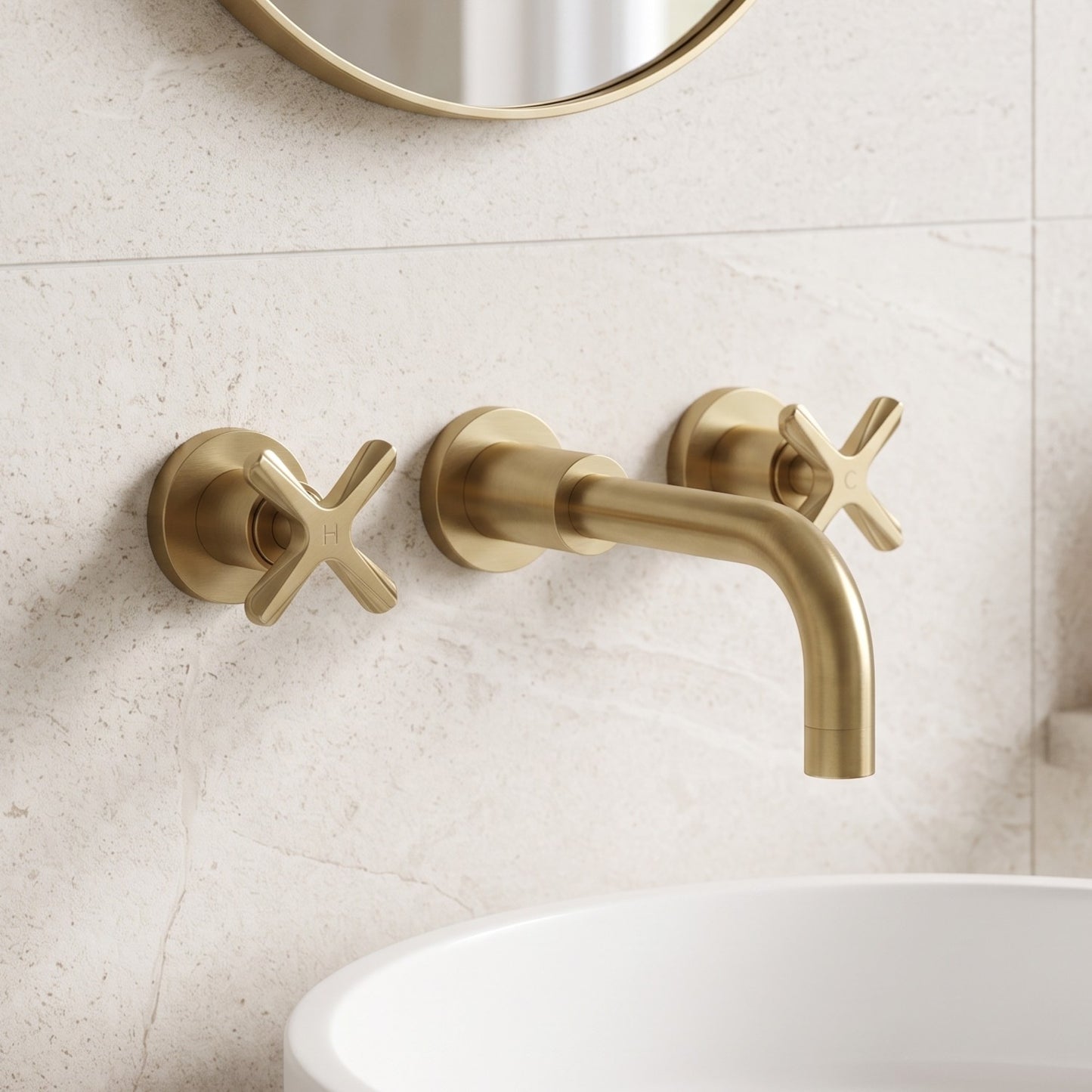 Fairford Verso Brushed Brass 3 Hole Wall Mounted Basin Mixer