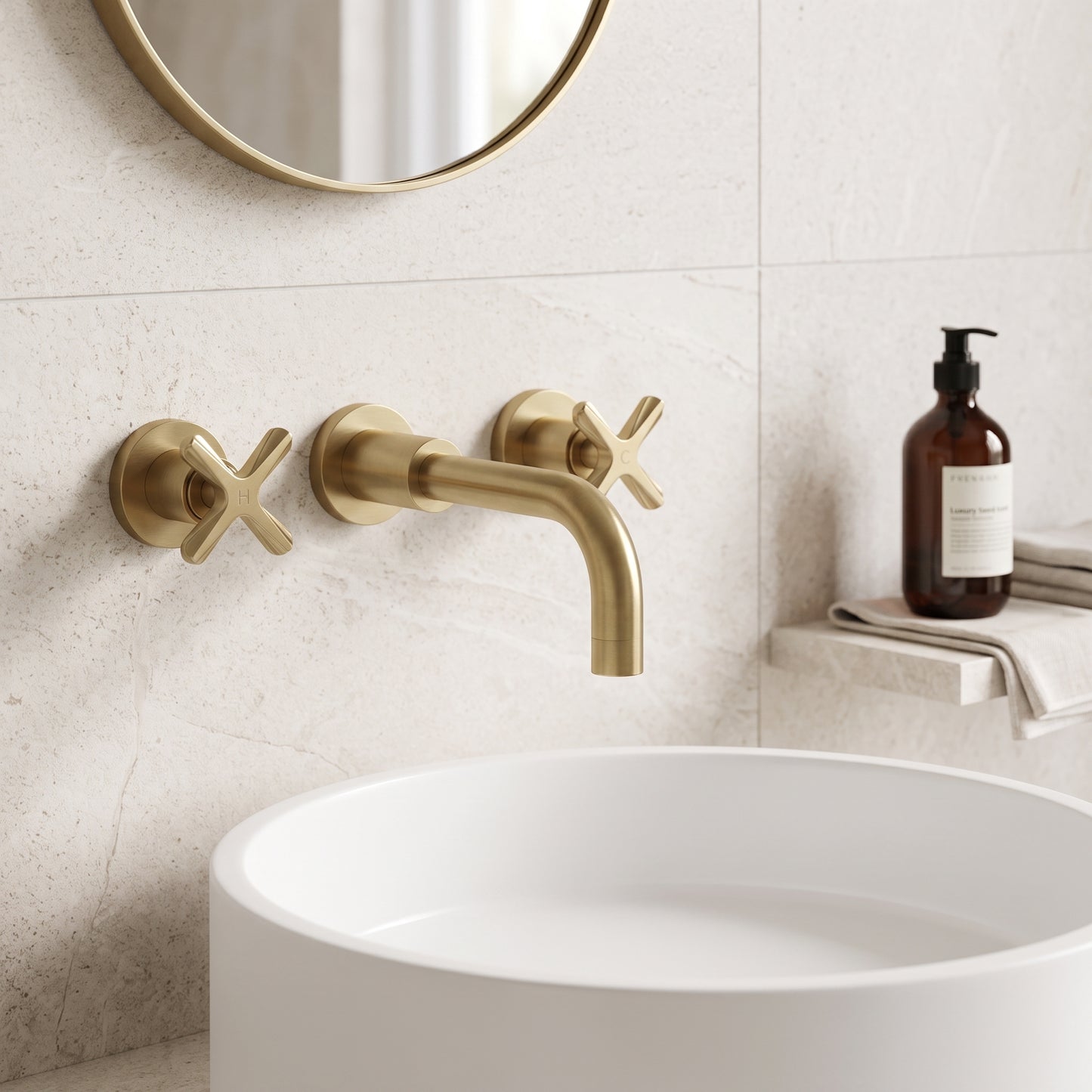 Fairford Verso Brushed Brass 3 Hole Wall Mounted Basin Mixer