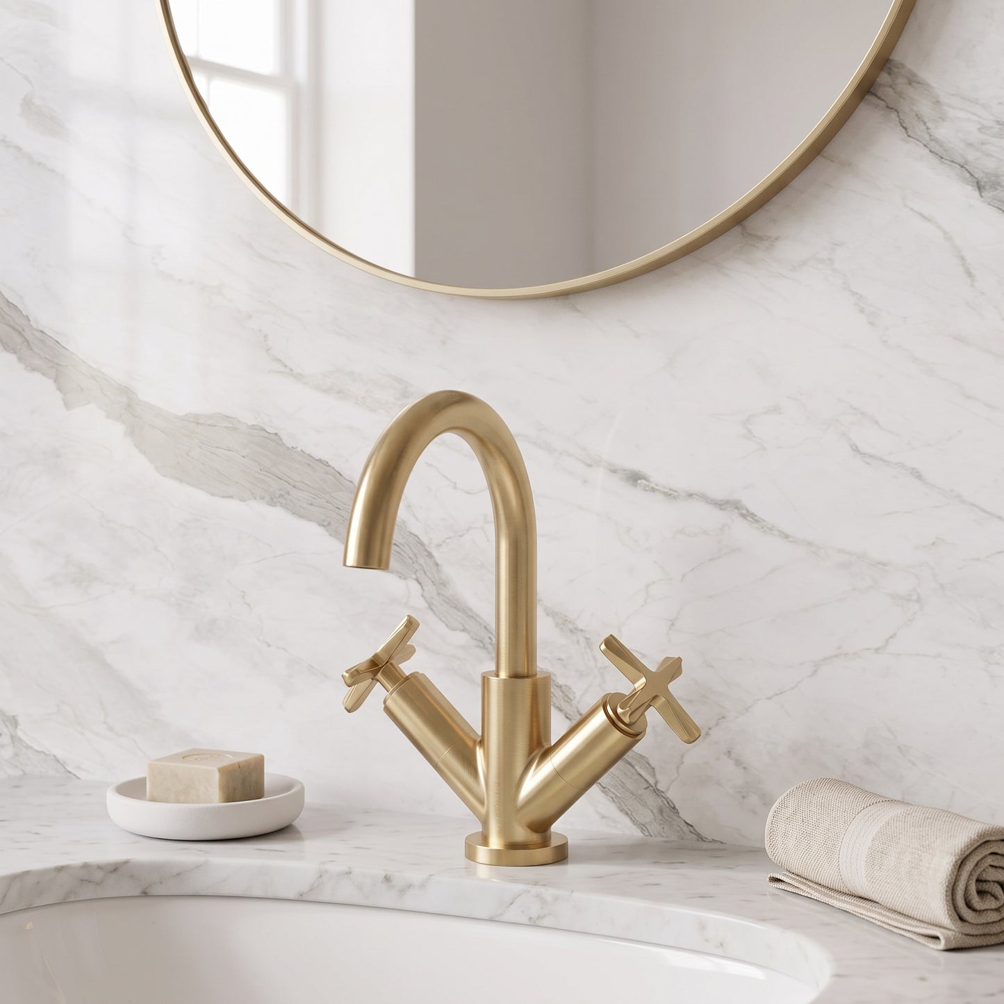 Fairford Verso Brushed Brass Basin Mixer with Push Button Waste