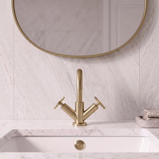 Fairford Verso Brushed Brass Basin Mixer with Push Button Waste