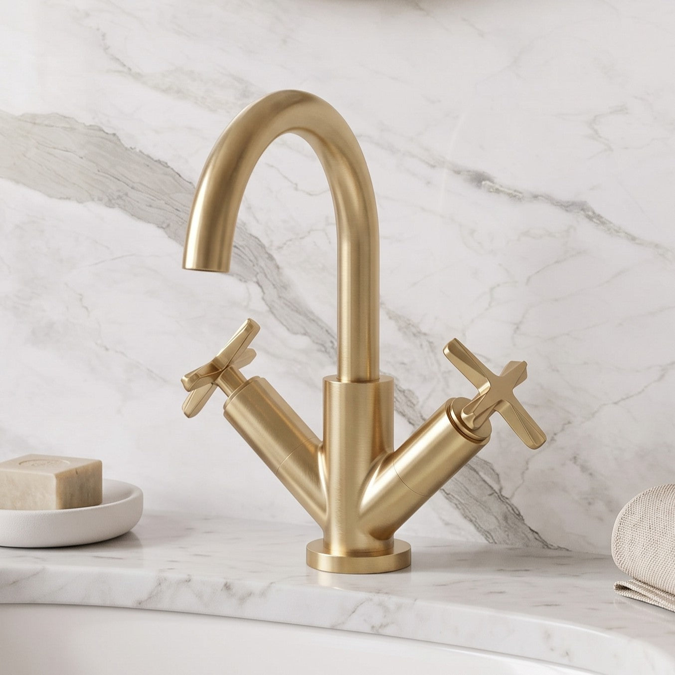 Fairford Verso Brushed Brass Basin Mixer with Push Button Waste
