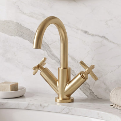 Fairford Verso Brushed Brass Basin Mixer with Push Button Waste