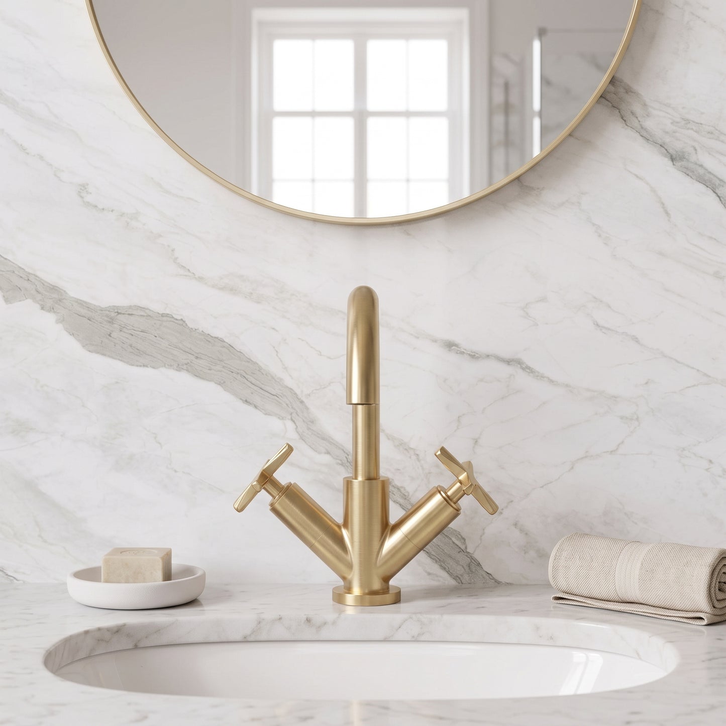 Fairford Verso Brushed Brass Basin Mixer with Push Button Waste
