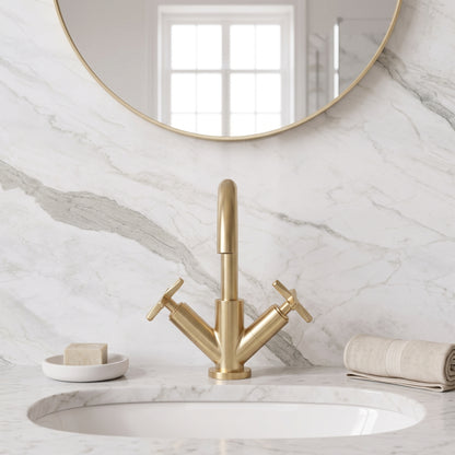 Fairford Verso Brushed Brass Basin Mixer with Push Button Waste