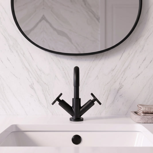 Fairford Verso Matt Black Basin Mixer with Push Button Waste