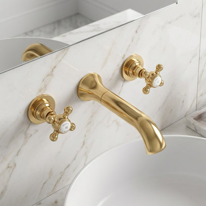 Fairford Winchester Brushed Brass 3 Hole Wall Mounted Basin Mixer