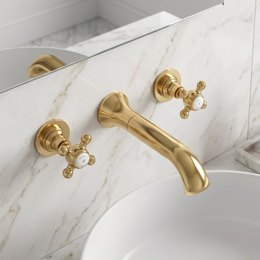 Fairford Winchester Brushed Brass 3 Hole Wall Mounted Basin Mixer