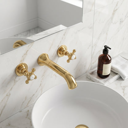 Fairford Winchester Brushed Brass 3 Hole Wall Mounted Basin Mixer