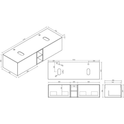 Fairford Sophia Smoked Sage 1400mm Wall Hung Double Vanity Unit with Central Storage and Worktop