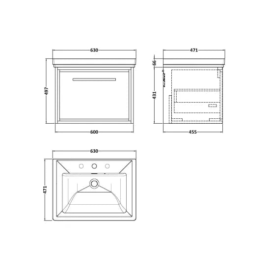 Fairford Tisse Graphite Grey Woodgrain 600mm 1 Drawer Wall Hung Vanity Unit with 3 Tap Hole Basin