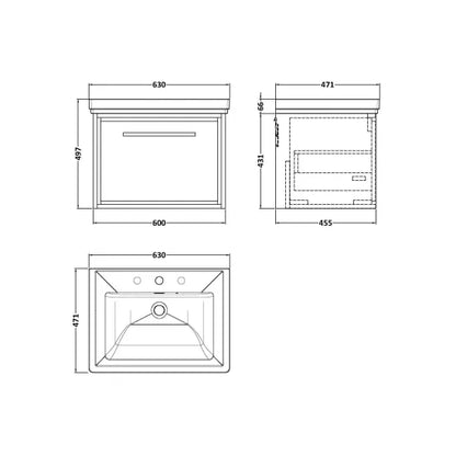 Fairford Tisse Graphite Grey Woodgrain 600mm 1 Drawer Wall Hung Vanity Unit with 3 Tap Hole Basin