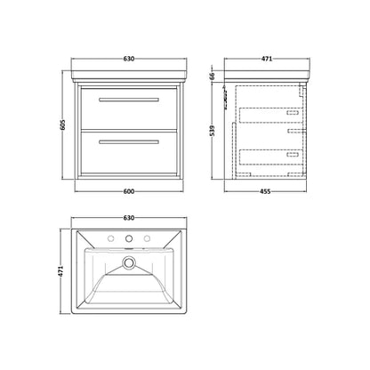 Fairford Tisse Graphite Grey Woodgrain 600mm 2 Drawer Wall Hung Vanity Unit with 3 Tap Hole Basin