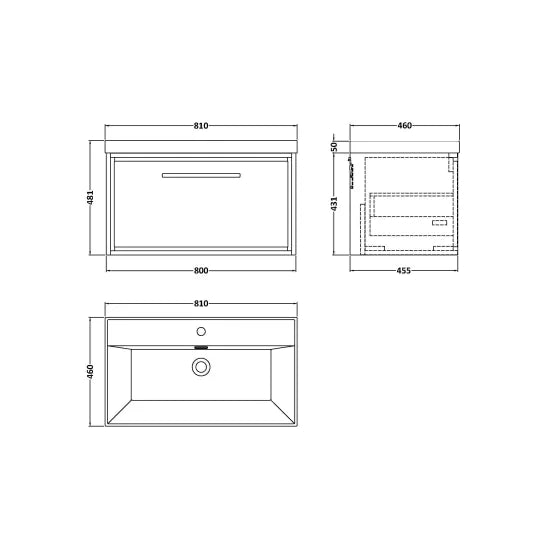 Fairford Tisse Graphite Grey Woodgrain 800mm 1 Drawer Wall Hung Vanity Unit with Thin Edged Basin