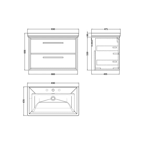 Fairford Tisse Graphite Grey Woodgrain 800mm 2 Drawer Wall Hung Vanity Unit with 3 Tap Hole Basin