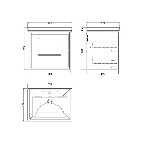 Fairford Tisse Antique Oak 600mm 2 Drawer Wall Hung Vanity Unit with 3 Tap Hole Basin