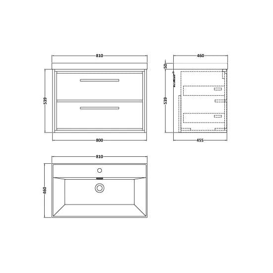 Fairford Tisse Antique Oak 800mm 2 Drawer Wall Hung Vanity Unit with Thin Edged Basin