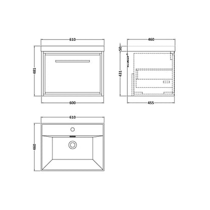 Fairford Tisse Bleached Oak 600mm 1 Drawer Wall Hung Vanity Unit with Thin Edged Basin