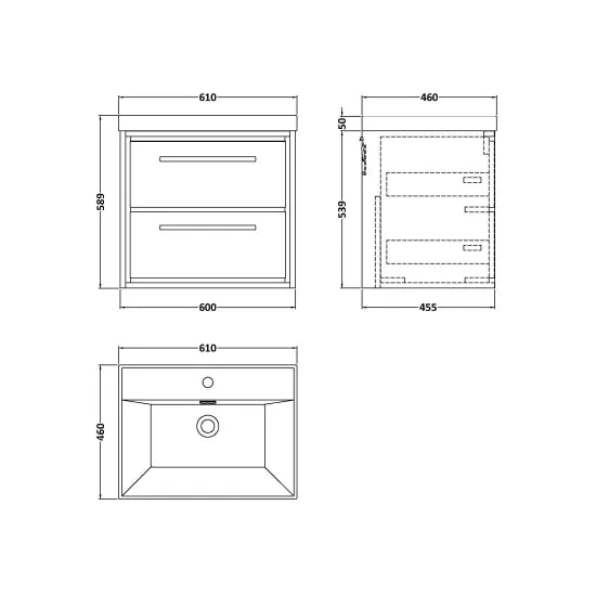 Fairford Tisse Bleached Oak 600mm 2 Drawer Wall Hung Vanity Unit with Thin Edged Basin