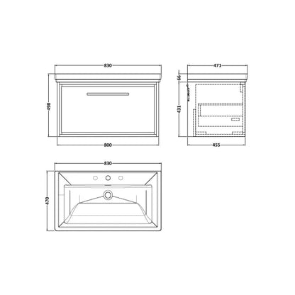 Fairford Tisse Pebble Grey 800mm 1 Drawer Wall Hung Vanity Unit with 3 Tap Hole Basin