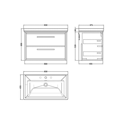 Fairford Tisse Pebble Grey 800mm 2 Drawer Wall Hung Vanity Unit with 3 Tap Hole Basin