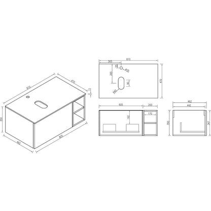 Fairford Sophia Country Oak 800mm Wall Hung Vanity Unit with Right Hand Storage and Worktop