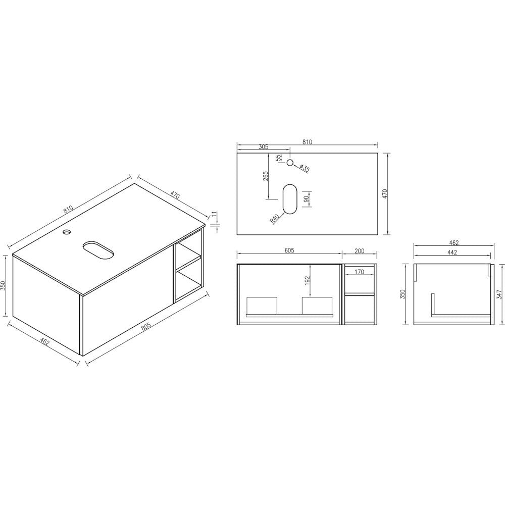 Fairford Sophia Smoked Sage 800mm Wall Hung Vanity Unit with Left Hand Storage and Worktop