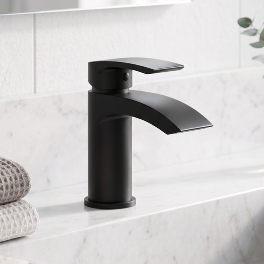 Rivato Reno Black Mini Basin Mixer with Push Button Waste