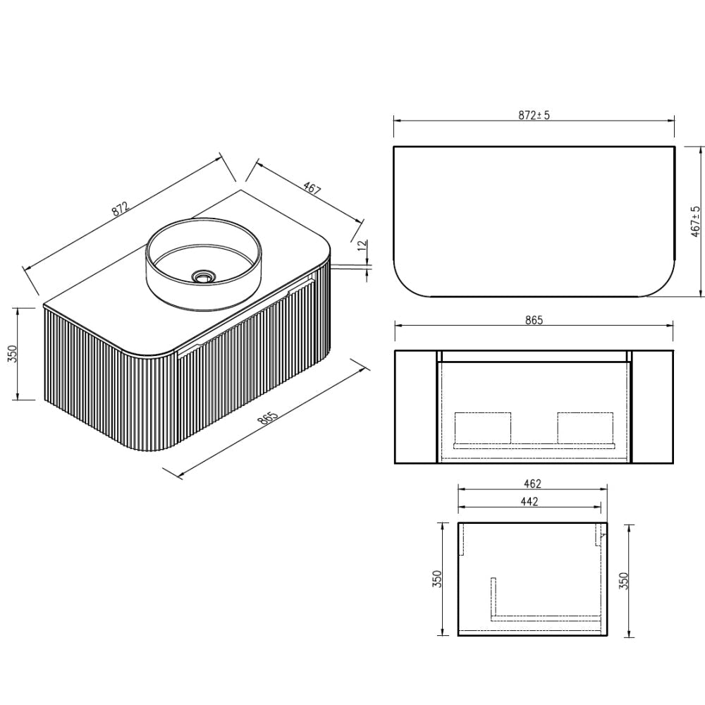 Fairford Sophia 870mm vanity unit dimension drawing