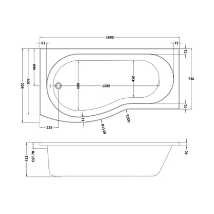 Fairford 1700 x 850 LH B Shape Bath with Screen and Panel