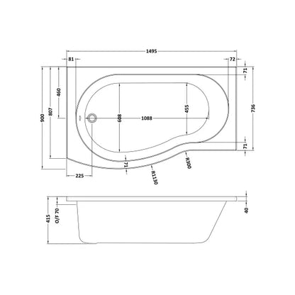 Fairford 1500 x 850 LH B Shape Bath with Screen and Panel