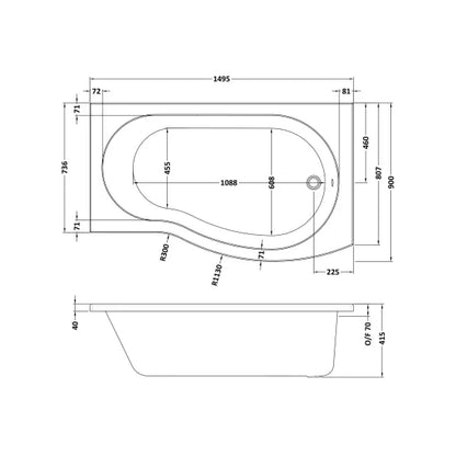 Fairford 1500 x 850 RH B Shape Bath with Screen and Panel
