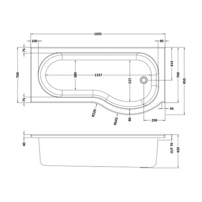Fairford 1700 x 850 RH P Shape Bath with Screen and Panel
