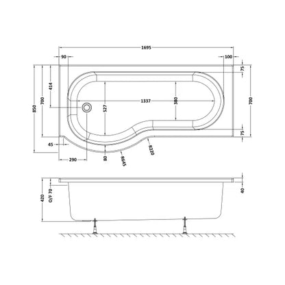 Fairford 1700 x 850 LH P Shape Bath with Screen and Panel