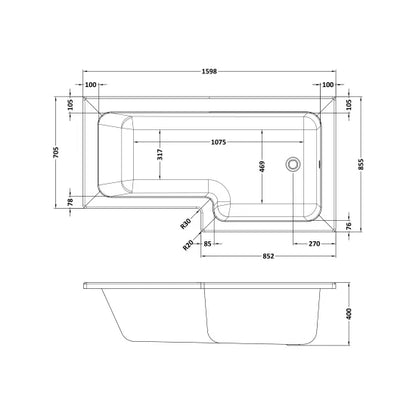 Fairford 1600 x 850mm RH L Shape Bath with Screen and Panel