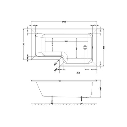 Fairford 1500 x 850mm RH L Shape Bath with Screen and Panel