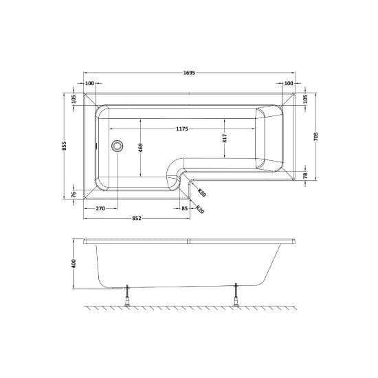 Fairford 1700 x 850mm LH L Shape Bath with Screen and Panel