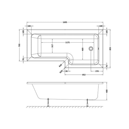 Fairford 1700 x 850mm RH L Shape Bath with Screen and Panel