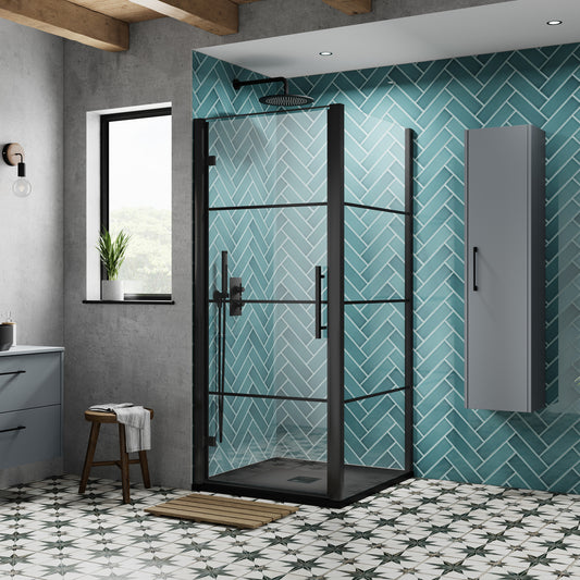 Fairford 8mm Matt Black Lined, 900mm Hinged Shower Door