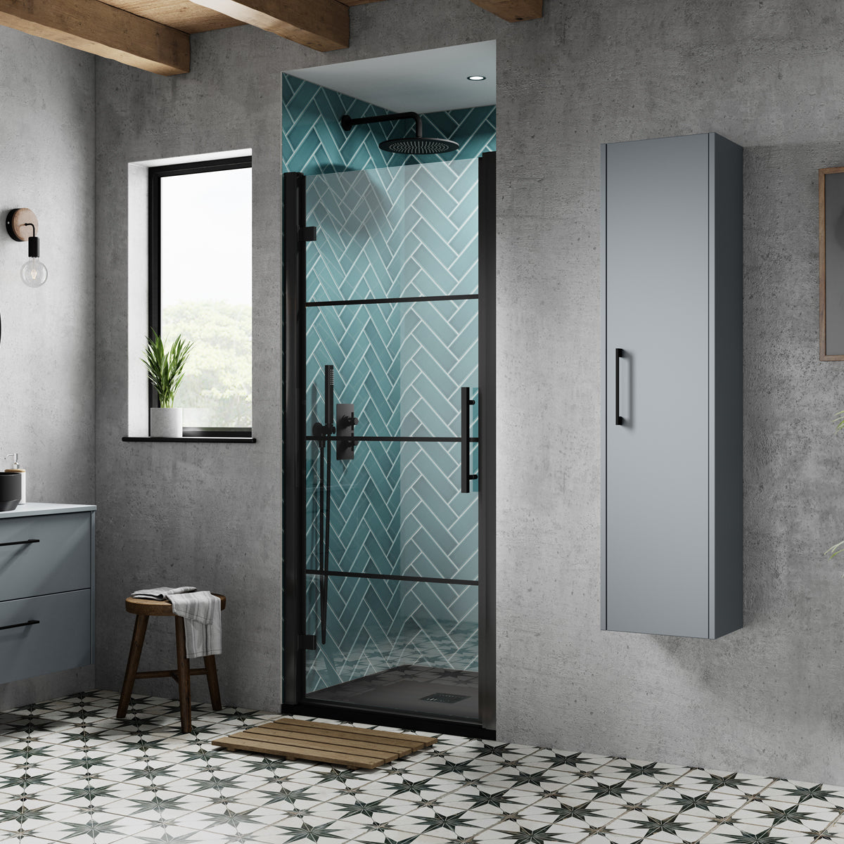 Fairford 8mm Matt Black Lined, 800mm Hinged Shower Door